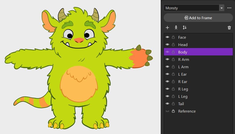 The character panel beside a green monster, listing parts such as Face, Head, Body, arms, legs, and tail, with an Add to Frame button.