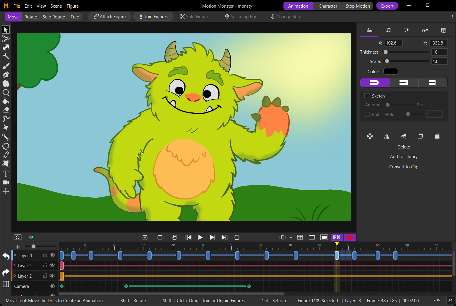 Motion Monster app screenshot of a green monster character